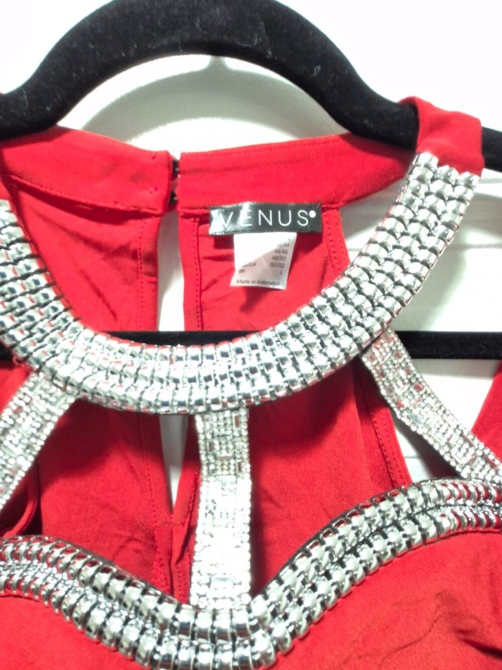 VENUS Women Red Rhinestone Cold Shoulder Ruched Long Sleeve Party Top Size large